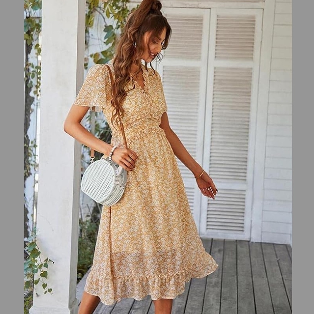 Comeon Women Yellow Boho Floral Print Ruffle Short Sleeve Deep V-Neck Midi Dress